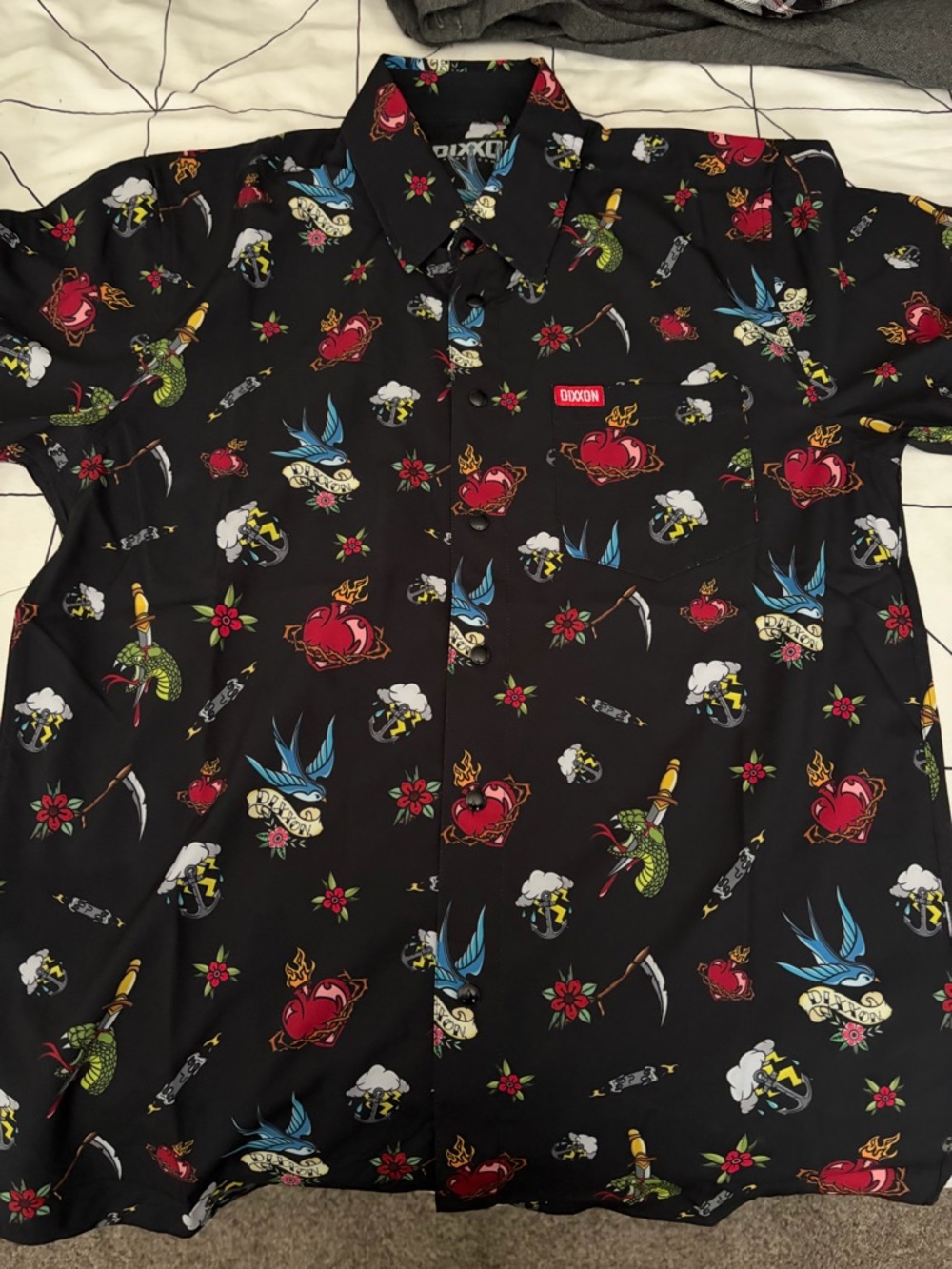 DIXXON Black Short-Sleeve Button-Down Shirt with Colorful Tattoo Motif